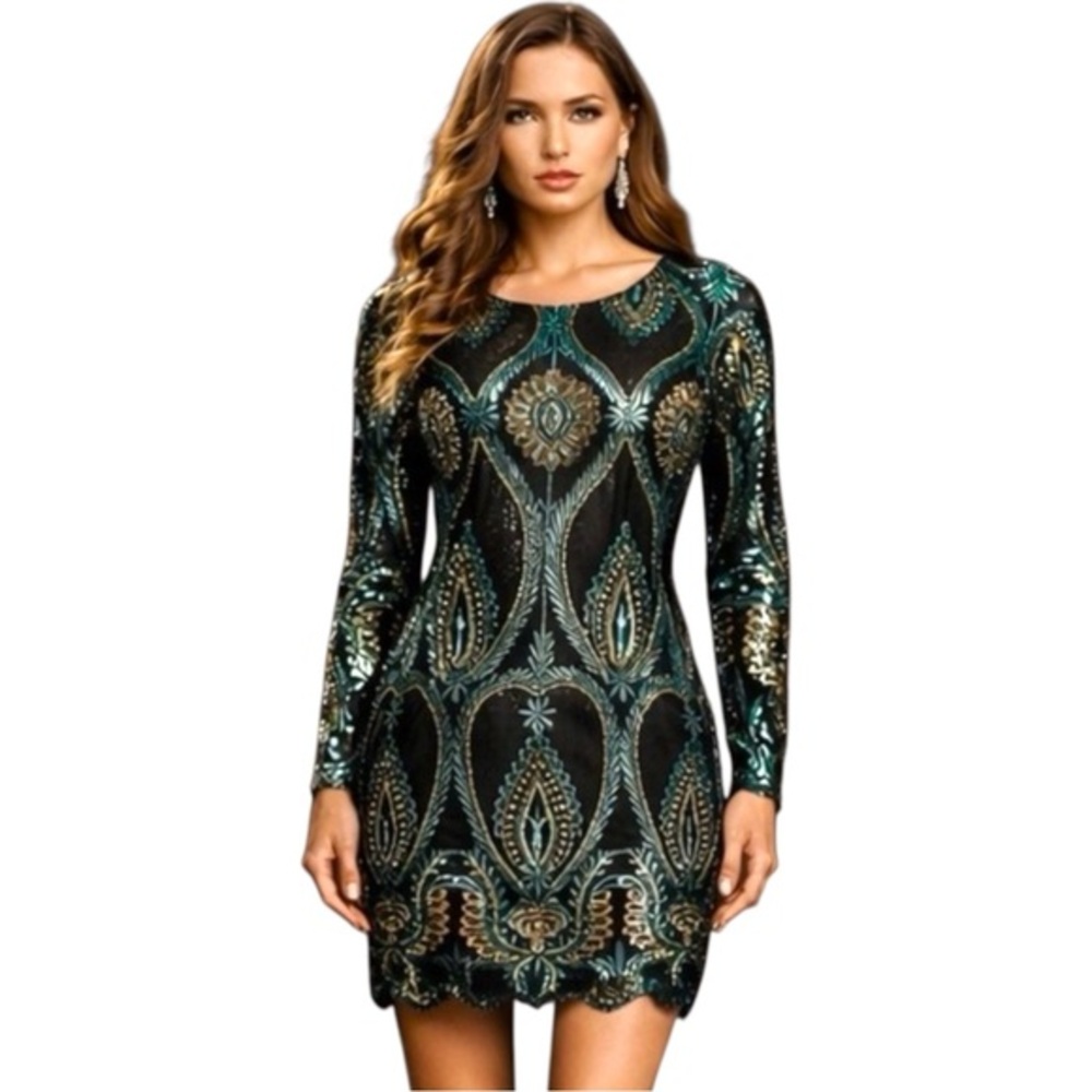 Boston Proper Black Teal Sequin Embroidered Mesh Bodycon Dress 6 Evening NWT